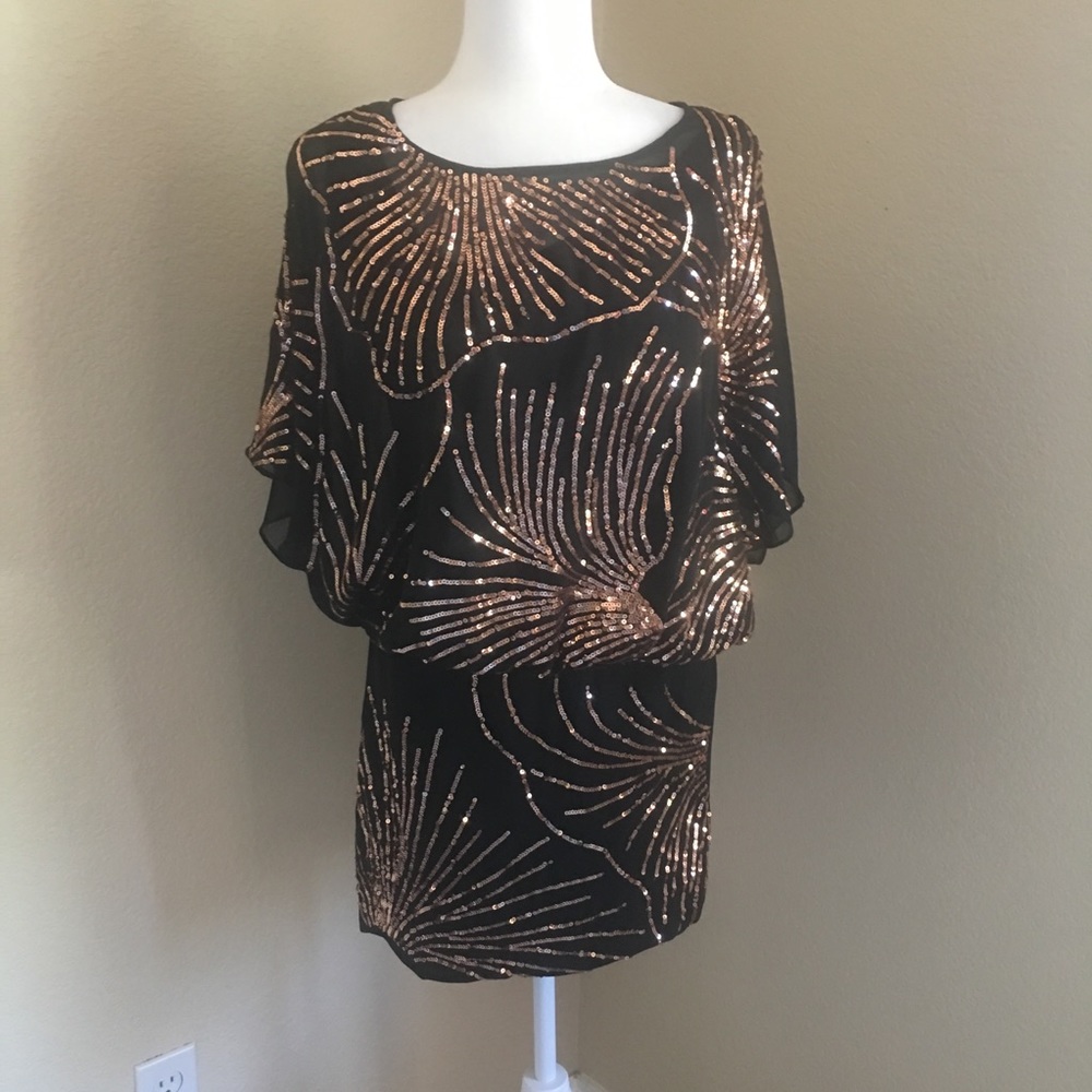 Fora Women Dress Tunic Sequin Taupe Batwing Party